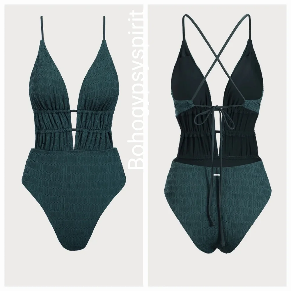 NWT Berlook Dark Green Textured Plunge One-Piece Swimsuit